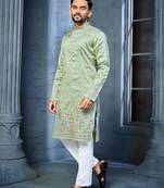 Mint green multi thread embroidery deer pattern daaman work kurta pajama set