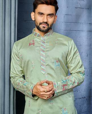 Mint green multi thread embroidery deer pattern daaman work kurta pajama set 2