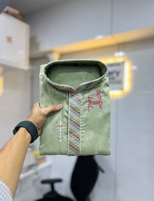Mint green multi thread embroidery deer pattern daaman work kurta pajama set 3