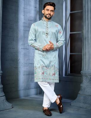 Sky blue multi thread embroidery deer pattern daaman work kurta pajama set 1