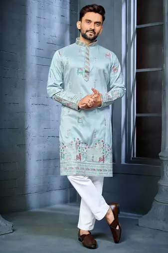 Sky blue multi thread embroidery deer pattern daaman work kurta pajama set
