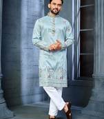 Sky blue multi thread embroidery deer pattern daaman work kurta pajama set