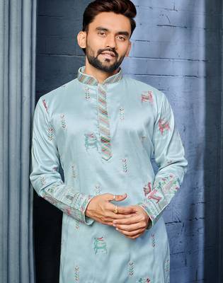 Sky blue multi thread embroidery deer pattern daaman work kurta pajama set 2