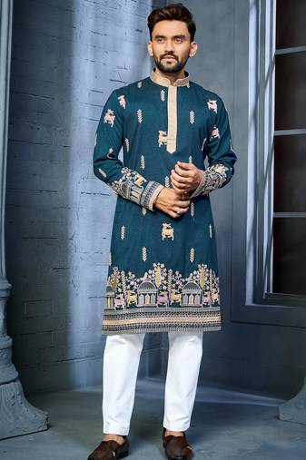 Teal multi thread embroidery deer pattern daaman work kurta pajama set