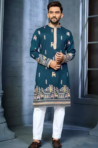 Teal multi thread embroidery deer pattern daaman work kurta pajama set