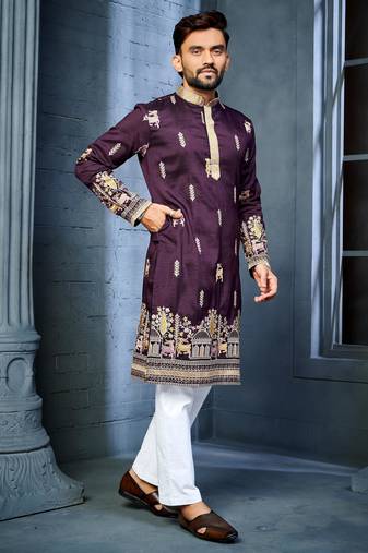 Wine multi thread embroidery deer pattern daaman work kurta pajama set