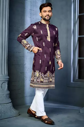 Wine multi thread embroidery deer pattern daaman work kurta pajama set