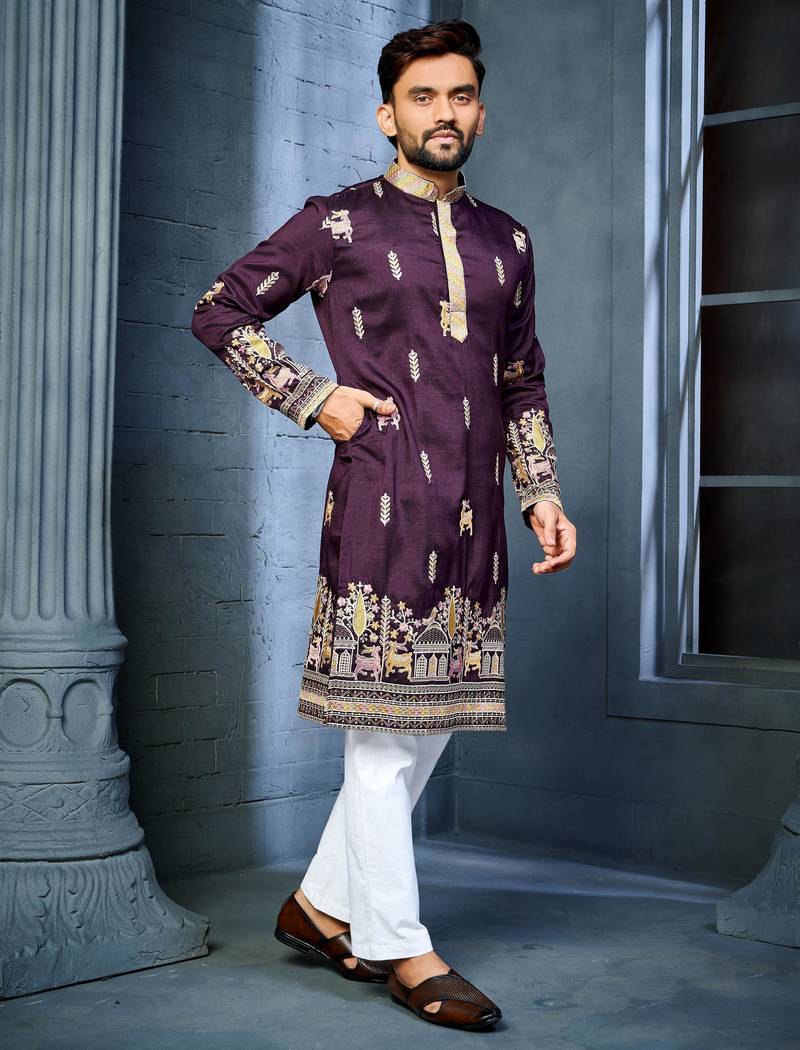 Wine multi thread embroidery deer pattern daaman work kurta pajama set