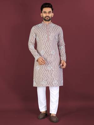 Unique cross pattern white thread embroidery with silver sequence work kurta pajama set 1