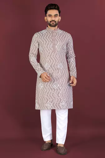 Unique cross pattern white thread embroidery with silver sequence work kurta pajama set