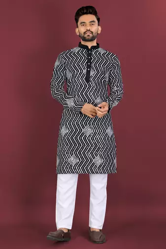 Unique cross pattern white thread embroidery with silver sequence work kurta pajama set