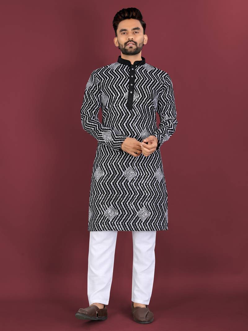 Unique cross pattern white thread embroidery with silver sequence work kurta pajama set
