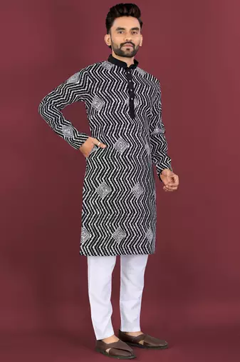 Unique cross pattern white thread embroidery with silver sequence work kurta pajama set