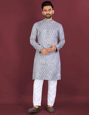 Unique cross pattern white thread embroidery with silver sequence work kurta pajama set 1