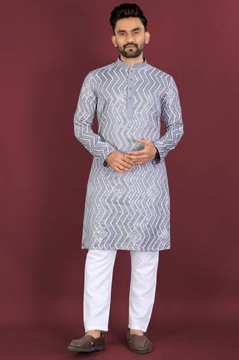 Unique cross pattern white thread embroidery with silver sequence work kurta pajama set