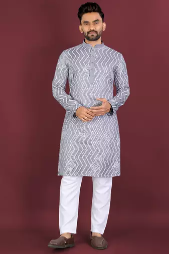 Unique cross pattern white thread embroidery with silver sequence work kurta pajama set