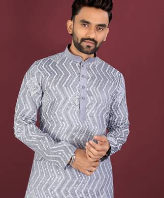 Unique cross pattern white thread embroidery with silver sequence work kurta pajama set 2
