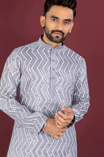 Unique cross pattern white thread embroidery with silver sequence work kurta pajama set