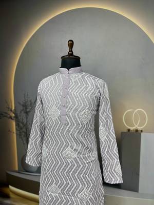 Unique cross pattern white thread embroidery with silver sequence work kurta pajama set 4