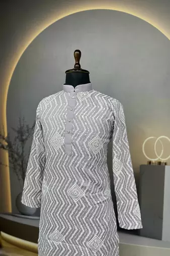 Unique cross pattern white thread embroidery with silver sequence work kurta pajama set