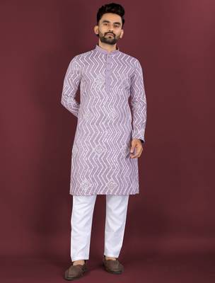 Unique cross pattern white thread embroidery with silver sequence work kurta pajama set 1