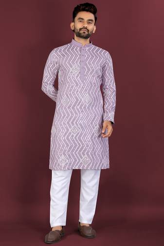 Unique cross pattern white thread embroidery with silver sequence work kurta pajama set