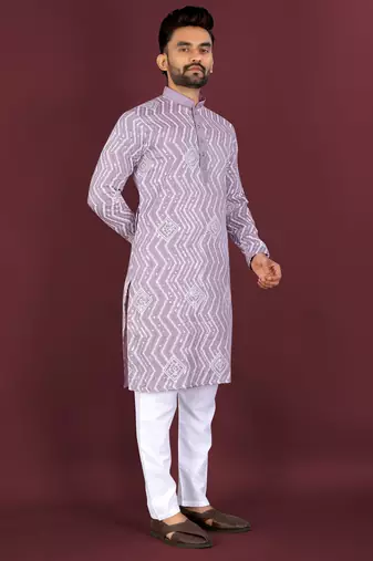 Unique cross pattern white thread embroidery with silver sequence work kurta pajama set