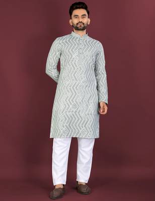 Unique cross pattern white thread embroidery with silver sequence work kurta pajama set 1
