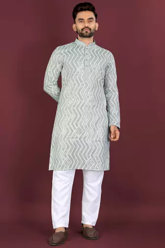 Unique cross pattern white thread embroidery with silver sequence work kurta pajama set