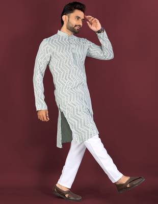 Unique cross pattern white thread embroidery with silver sequence work kurta pajama set 2
