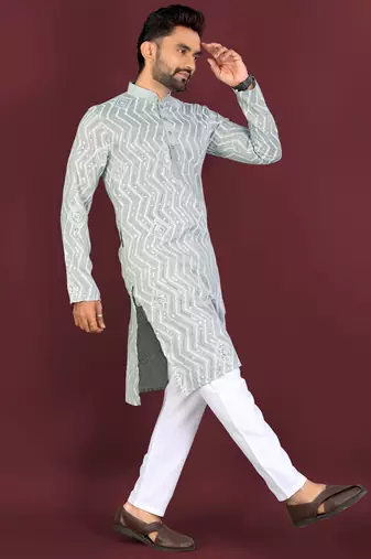 Unique cross pattern white thread embroidery with silver sequence work kurta pajama set