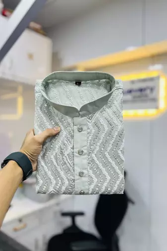 Unique cross pattern white thread embroidery with silver sequence work kurta pajama set