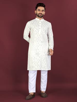 Unique cross pattern white thread embroidery with silver sequence work kurta pajama set 1