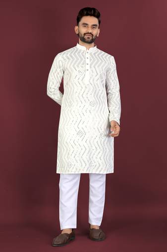 Unique cross pattern white thread embroidery with silver sequence work kurta pajama set