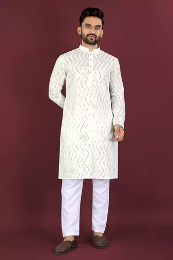 Unique cross pattern white thread embroidery with silver sequence work kurta pajama set