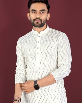 Unique cross pattern white thread embroidery with silver sequence work kurta pajama set 2