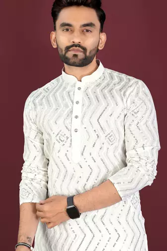 Unique cross pattern white thread embroidery with silver sequence work kurta pajama set