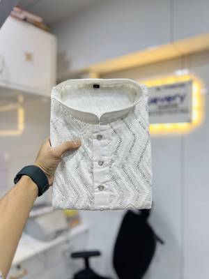 Unique cross pattern white thread embroidery with silver sequence work kurta pajama set 3