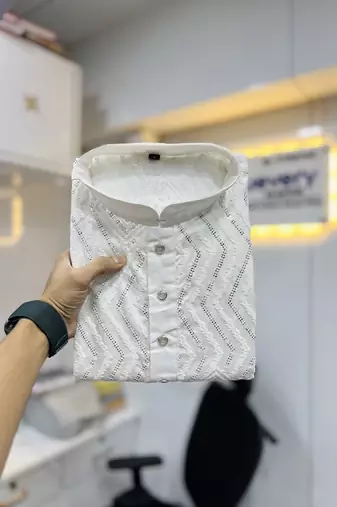 Unique cross pattern white thread embroidery with silver sequence work kurta pajama set