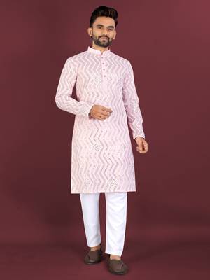 Unique cross pattern white thread embroidery with silver sequence work kurta pajama set 1