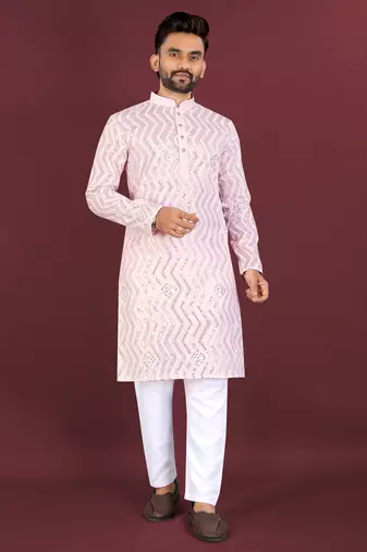 Unique cross pattern white thread embroidery with silver sequence work kurta pajama set