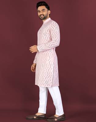 Unique cross pattern white thread embroidery with silver sequence work kurta pajama set 2