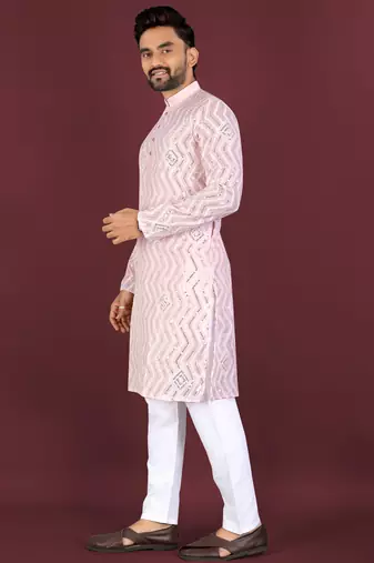 Unique cross pattern white thread embroidery with silver sequence work kurta pajama set