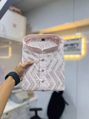 Unique cross pattern white thread embroidery with silver sequence work kurta pajama set 3