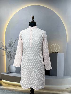 Unique cross pattern white thread embroidery with silver sequence work kurta pajama set 4