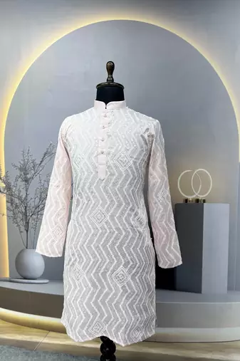 Unique cross pattern white thread embroidery with silver sequence work kurta pajama set
