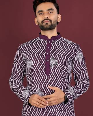 Unique cross pattern white thread embroidery with silver sequence work kurta pajama set 2