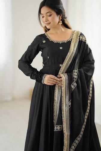 Black Color Embroidered Chinon Silk Long Kurti (Gown) Set
