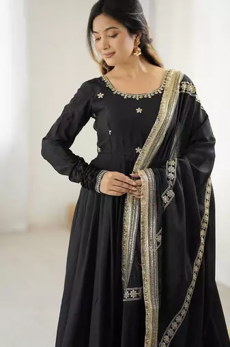 Black Color Embroidered Chinon Silk Long Kurti (Gown) Set