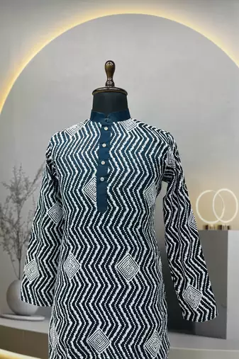 Unique cross pattern white thread embroidery with silver sequence work kurta pajama set
